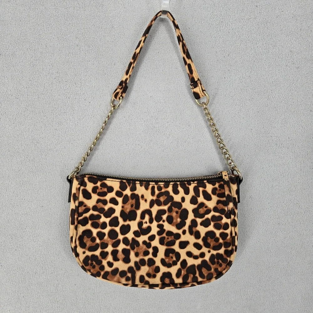 Leopard Print Faux Suede Feel Shoulder Bag Gold Chain Zip Y2K Style